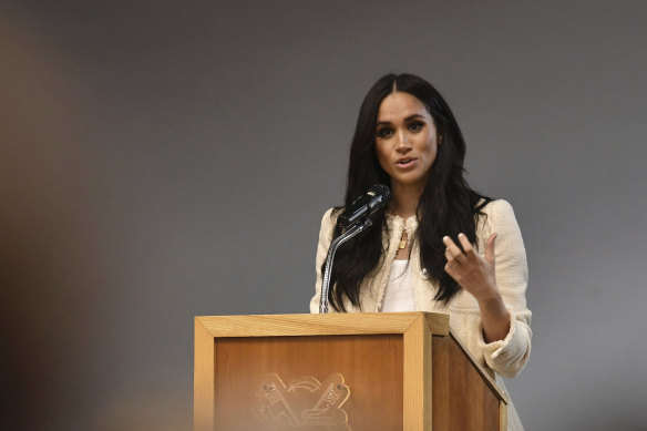 Meghan, Duchess of Sussex, speaks during a school assembly in London, last year.
