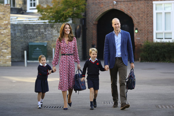 The Cambridges like to do school drop off when they can. Here Princess Charlotte, left, with her brother Prince George and their parents Prince William and Catherine, arrives for her first day of school at Thomas’s Battersea in London, in 2019.