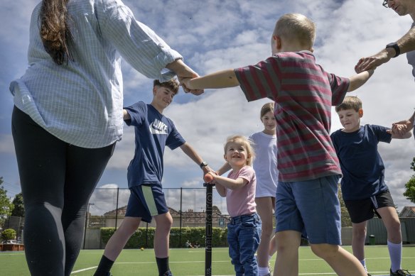The George family play at Ascot Vale primary school in Melbourne’s north-west which is open to the public outside of school hours. 