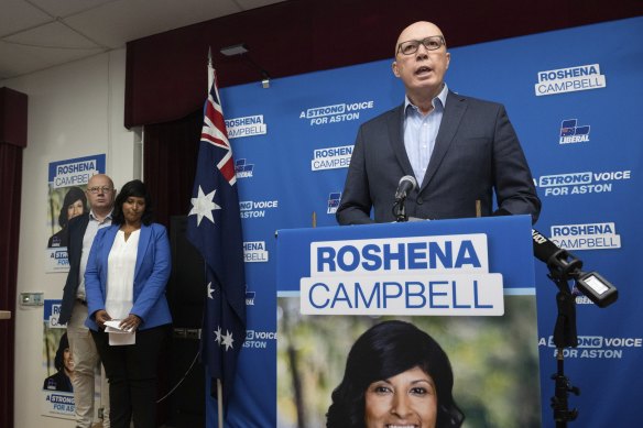 Opposition Leader Peter Dutton speaks in Rowville following Aston Liberal candidate Roshena Campbell’s loss.