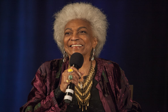 Actor Nichelle Nichols speaks during a Star Trek Convention in 2014. 