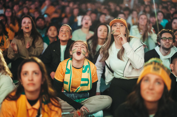 Fans watch the Matildas v France match at Tumbalong Park, Sydney on Saturday night.