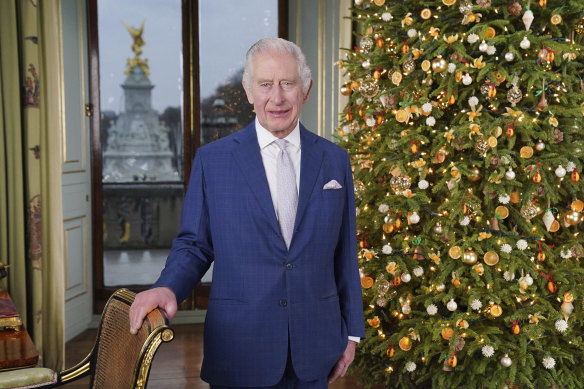 King Charles during the recording of his Christmas message at Buckingham Palace in London.