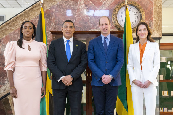 Prince William and Catherine with Jamaican Prime Minister Andrew Holness and his wife Juliet at his office in Kingston on Wednesday.
