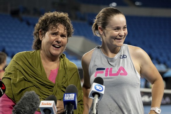 Evonne Goolagong Cawley and Ash Barty at Melbourne Park on Wednesday.