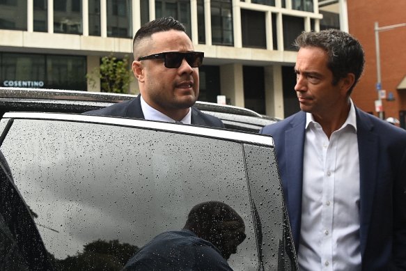 Jarryd Hayne arrives at Sydney’s Downing Centre District Court on Thursday.