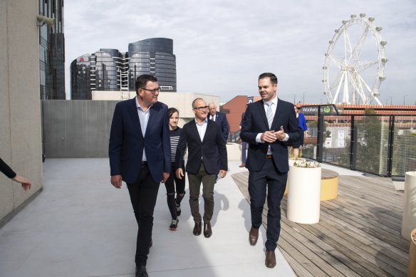 Victorian Premier Daniel Andrews and Education Minister James Merlino tour Docklands Primary School with pricipal Adam Bright in 2021.