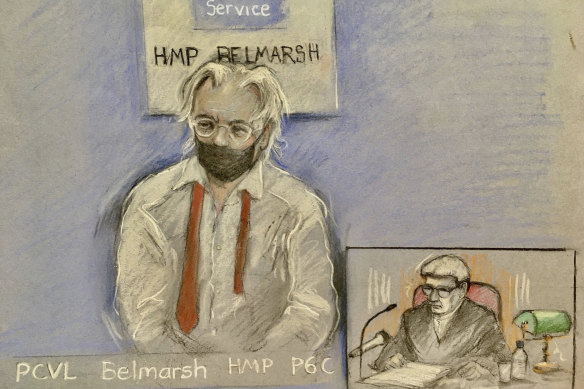 A sketch of Julian Assange, left, as he appeared via video link at the High Court in London.