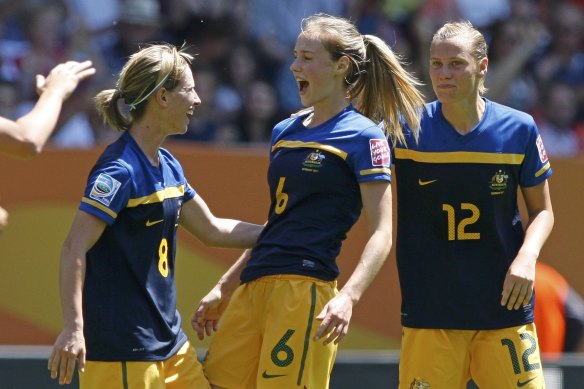 Ellyse Perry celebrates scoring against Sweden in the 2011 World Cup.