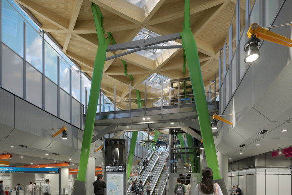 An artist’s render of the concourse of the Anzac station opposite the Shrine of Remembrance. 