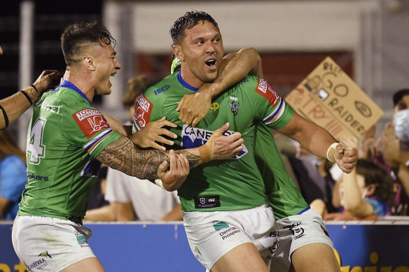 Jordan Rapana celebrates after scoring the winning try for the Raiders.