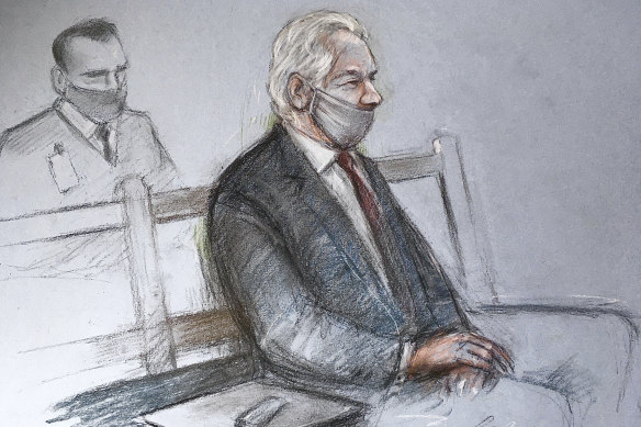 A courtroom sketch of Julian Assange appearing at the Old Bailey in London on Monday.