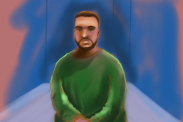 A court sketch of Naveed Akram at his last appearance in the Downing Centre.