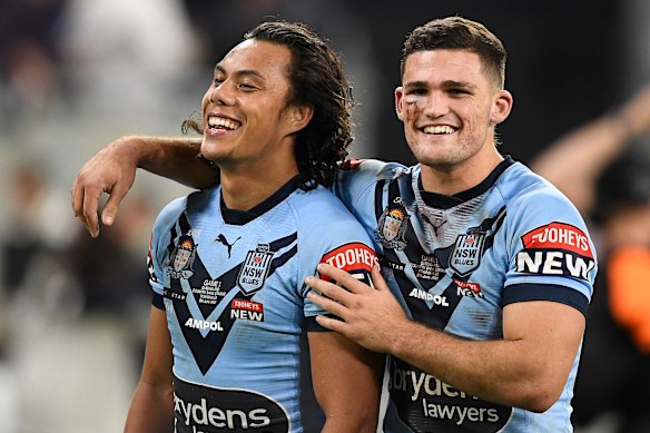 Jarome Luai and Nathan Cleary after an Origin victory.
