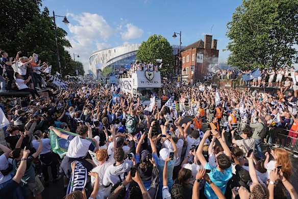 Tottenham players on the open-top team bus during the Europa League winners parade in north London.