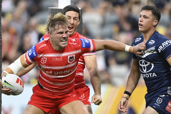 Jack de Belin celebrates a try against the Cowboys last month.