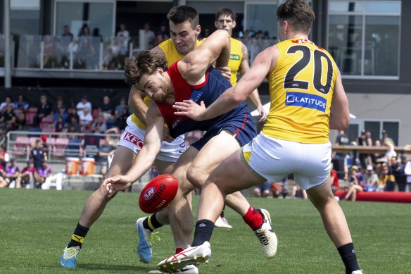 Melbourne’s Jack Viney in the thick of the action against Richmond, as per normal.