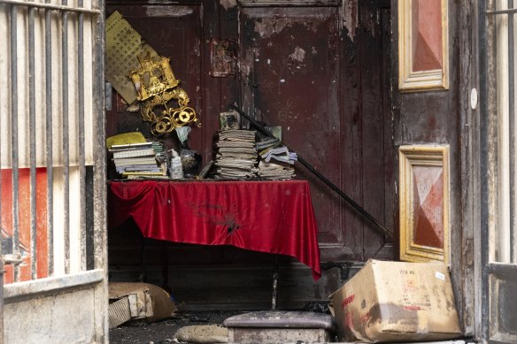 Fire damage inside the See Yup Temple in South Melbourne.