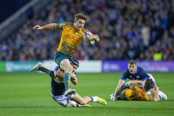 Australia’s Andrew Kellaway is tackled by Scotland’s Darcy Graham in Edinburgh.