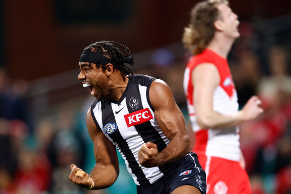 Collingwood defender Isaac Heeney celebrates a rare goal.