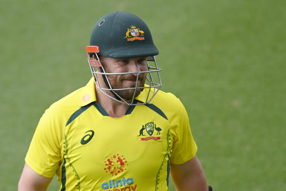 A rueful smile from Aaron Finch after one of his hat-trick of low scores against Zimbabwe. 