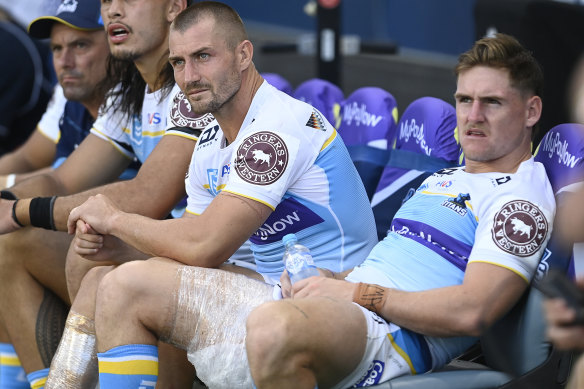 Kieran Foran and AJ Brimson on the bench after both were injured during the round four match against the North Queensland Cowboys.