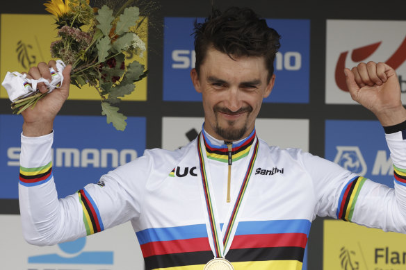 A familiar sight: Julian Alaphilippe is back in the rainbow stripes after winning in Leuven on Sunday.