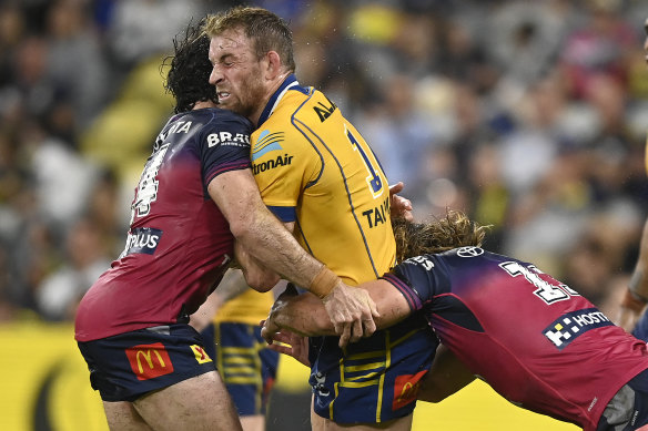 Eels forward Andrew Davey braces for contact on Saturday night.