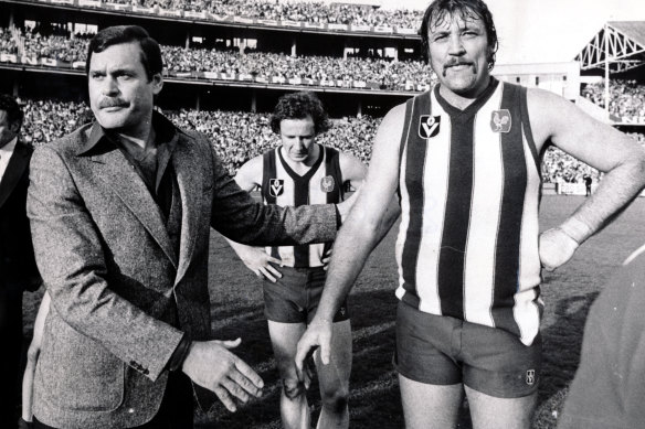 Ron Barassi consoles Mick Nolan after losing the premiership to Hawthorn in 1978.
