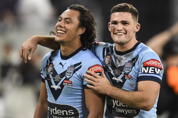 Jarome Luai and Nathan Cleary during Origin II in Townsville in 2021.