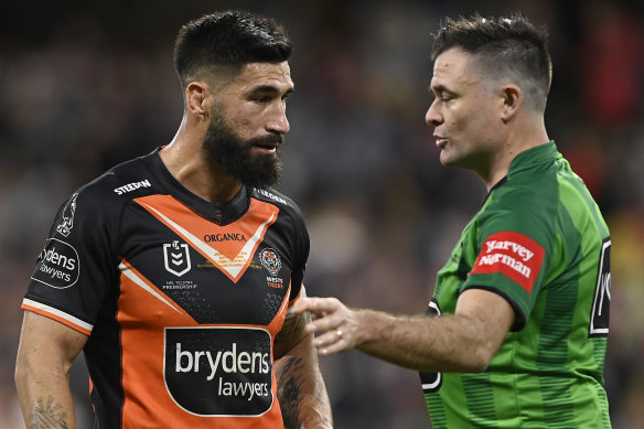 Tigers captain James Tamou demands answers from referee Chris Buttler after a contentious call cost them a win.