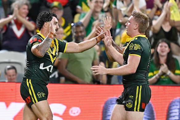 Kotoni Staggs and Tom Dearden celebrate.