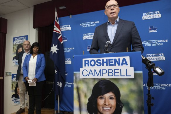 Opposition Leader Peter Dutton speaks on Saturday night following Aston candidate Roshena Campbell’s loss.