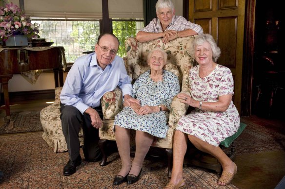 Dame Elisabeth Murdoch celebrates her 100th birthday with her children Rupert Murdoch, left, Anne Kantor and Janet Calvert-Jones, right, at Cruden Farm in 2009.  
