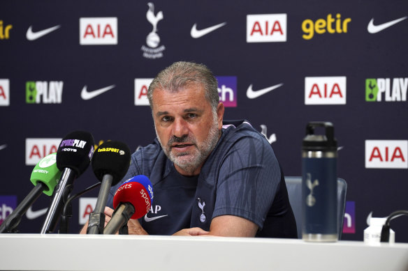 Ange Postecoglou addresses the media in London for the first time as Tottenham manager.