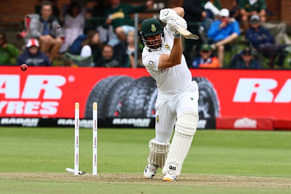 Aiden Markram of South Africa loses his middle stump. 