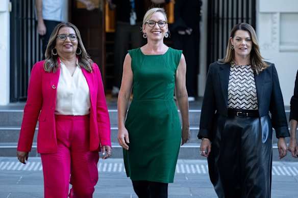 Waters with senators Mehreen Faruqi (left) and Sarah Hanson-Young last year.