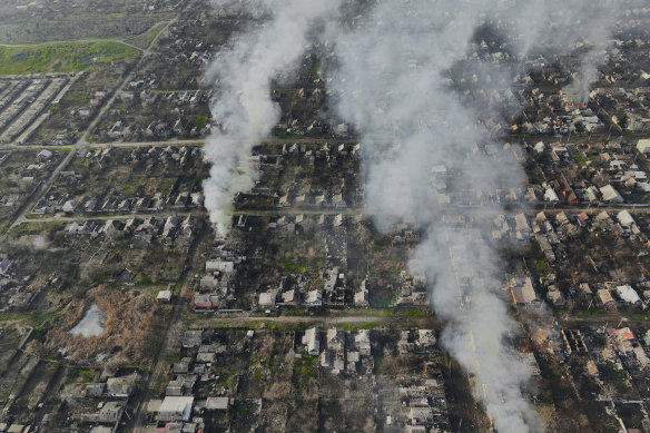 Smoke billows after Russian attacks in the outskirts of Bakhmut, Ukraine.