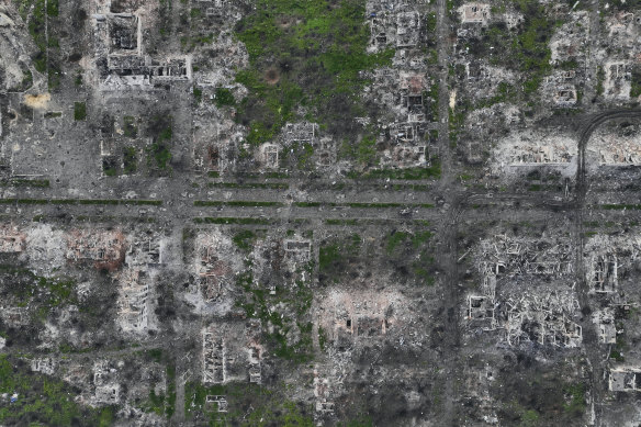 Razed: An aerial view of Maryinka where the heaviest battles with the Russian troops have been taking place in Ukraine’s Donetsk region.