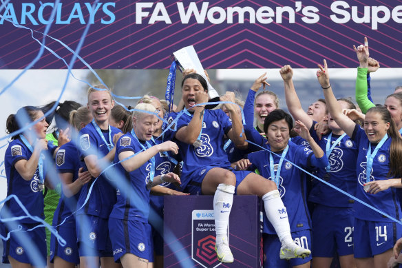Sam Kerr was front and centre of Chelsea’s FA WSL title celebrations. 