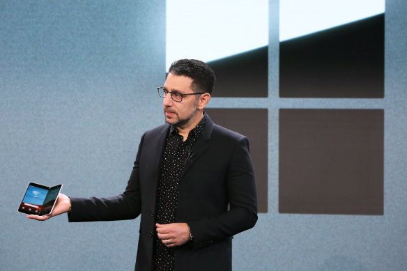 Panos Panay introduces the Surface Duo at an event in New York.