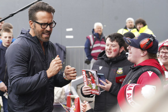 Wrexham co-owner Ryan Reynolds with fans at The Racecourse Ground.