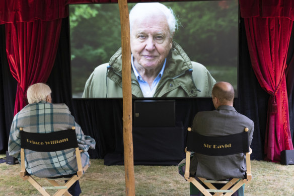 Sir David Attenborough, sits with Prince William for a private outdoor screening of his upcoming film, David Attenborough: A Life On Our Planet, at Kensington Palace.