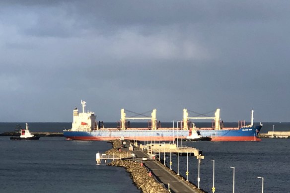 The 20,000-tonne Hong Kong log carrier Island Bay arrives at the Port of Portland. 