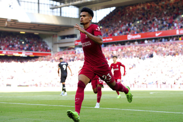 Luis Diaz celebrates scoring Liverpool’s ninth goal.