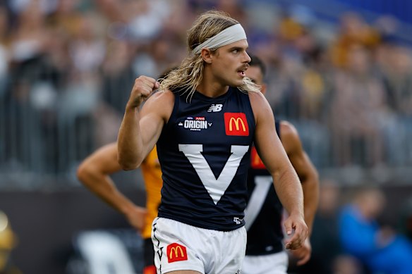 Bailey Smith of Victoria celebrates a goal.