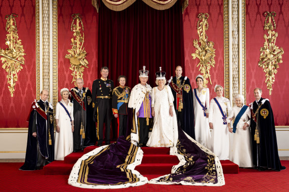 King Charles III and Queen Camilla (centre), pictured with working members of the royal family. From left Prince Edward, the Duke of Kent; Birgitte, the Duchess of Gloucester; Prince Richard, the Duke of Gloucester; Vice Admiral Sir Tim Laurence; Princess Anne, the Princess Royal; Prince William, the Prince of Wales; Catherine, the Princess of Wales; Sophie, the Duchess of Edinburgh; Princess Alexandra, the Honourable Lady Ogilvy; and Prince Edward, the Duke of Edinburgh.