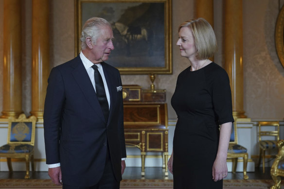 King Charles III during his first audience with Prime Minister Liz Truss at Buckingham Palace.
