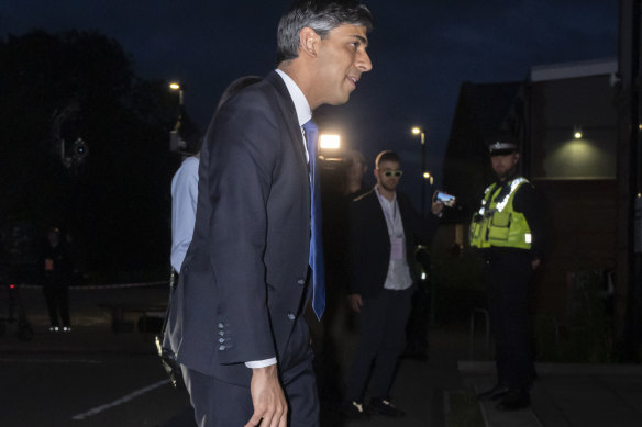 Britain’s Prime Minister Rishi Sunak arrives at Northallerton Leisure Centre, where he has conceded defeat in the UK general election. 