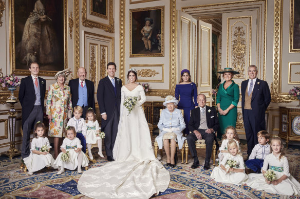 Princess Eugenie and Jack Brooksbank's official family wedding photograph in the White Drawing Room at Windsor Castle.